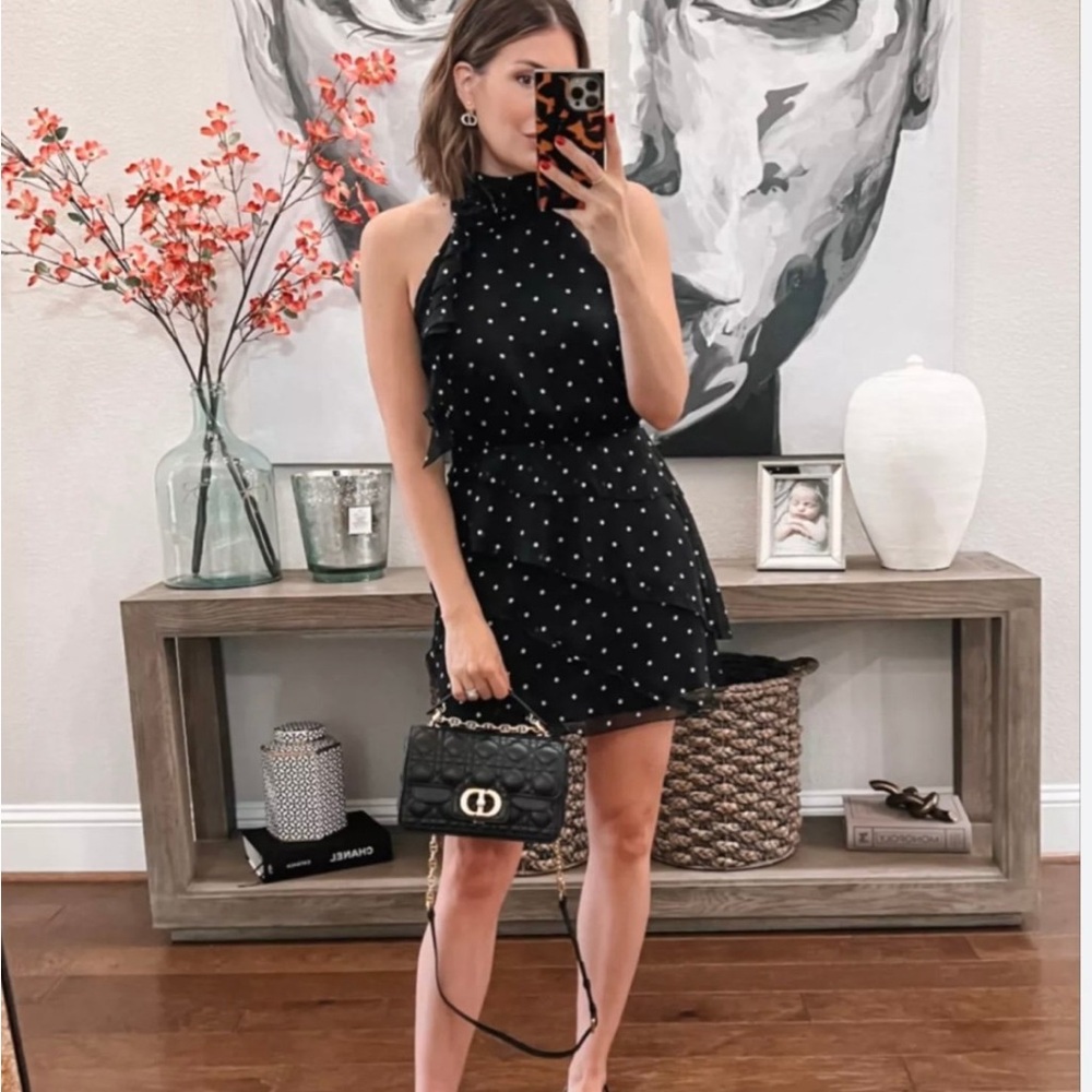 Anthropologie Maeve Black Polka Dot High-Neck Mini Dress